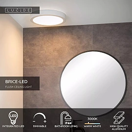 BRICE-LED bathroom ceiling light Ø 30 cm LED dimmable 30W 3000K IP44 white (Lucide)