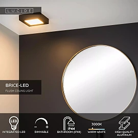 BRICE-LED bathroom ceiling light 16x16 cm LED dimmable 15W 3000K IP44 black (Lucide)