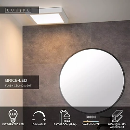 BRICE-LED bathroom ceiling light 30x30 cm LED dimmable 30W 3000K IP44 white (Lucide)
