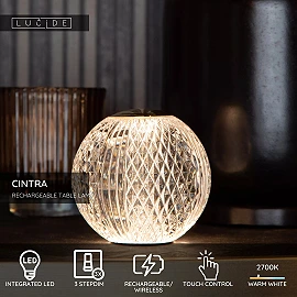CINTRA rechargeable table lamp LED 1x2 W 2700 K Ø11 cm transparent (Lucide)