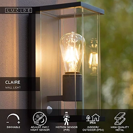 CLAIRE outdoor wall light 1xE27 with motion sensor Anthracite (Lucide)
