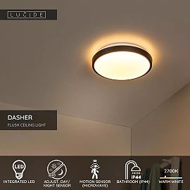 DASHER bathroom ceiling light with microwave motion sensor, integrated LED, 12 W, 700 lm, 2700 K, black (Lucide)