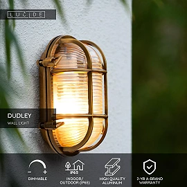DUDLEY outdoor wall light 1xE27 matt gold / brass (Lucide)