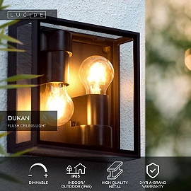 DUKAN Flush ceiling light Indoor/Outdoor 2x15W E27 IP65 Black (Lucide)