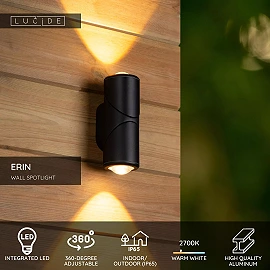 ERIN Wall spotlight Indoor/Outdoor 2x5W Integrated LED IP65 Black (Lucide)