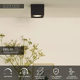 FEDLER griestu prožektors 12 x 12 cm 1 x 12 W GU10 ES111 dim-to-warm melns (Lucide)