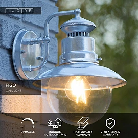 FIGO Wall light Outdoor 1x60W E27 IP44 Zinc (Lucide)