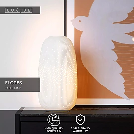 FLORES galda lampa Ø17,5 cm 1 x E14 balta porcelāna (Lucide)