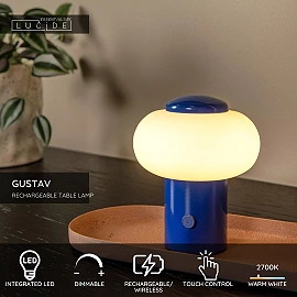 GUSTAV Rechargeable table lamp Ø8 cm LED dim 1x0.8W 2700K Blue (Lucide)