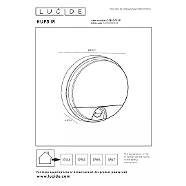 HUPS IR round outdoor wall light with PIR motion and day/night sensors, integrated LED, 10 W, 950 lm, 3000 K, white (Lucide)
