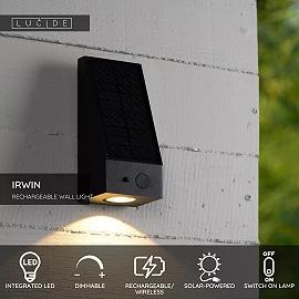 IRWIN solar outdoor wall light with PIR motion and day/night sensors, solar LED, 2 W, 100 lm, 3000 K, black (Lucide)