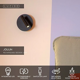 JOLIJN rechargeable magnetic bedside / wall light Ø10.2 cm LED 2 W black (Lucide)