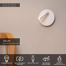 JOLIJN rechargeable magnetic bedside / wall light Ø10.2 cm LED 2 W white (Lucide)