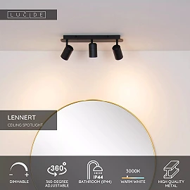 LENNERT vannas istabas griestu prožektors GU10 LED 3x5W 3000K IP44 melns (Lucide)