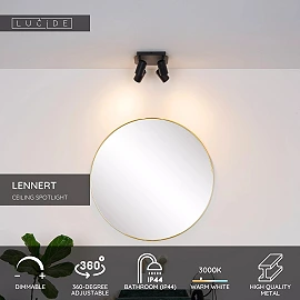 LENNERT vannas istabas griestu prožektors GU10 LED 4x5W 3000K IP44 melns (Lucide)