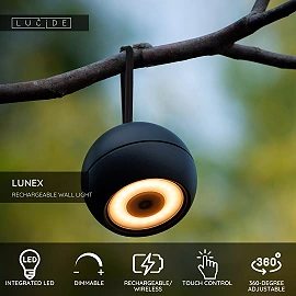 LUNEX rechargeable outdoor wall light LED 1x2W 3000K black (Lucide)