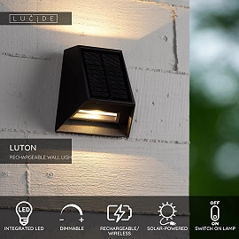 LUTON solar outdoor wall light with PIR motion and day/night sensors, solar LED, 2 W, 100 lm, 2700/3000 K, black (Lucide)