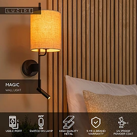 MAGIC wall light 1xE27 40 W with USB black (Lucide)