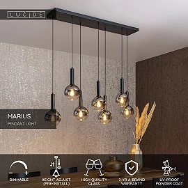 MARIUS pendant light 7xE27 black / smoke grey (Lucide)