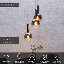 MARIUS pendant light Ø 48.5 cm 3xE27 black / smoke grey (Lucide)