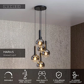 MARIUS piekaramā lampa Ø 55 cm 5xE27 melna / dūmakaini pelēka (Lucide)