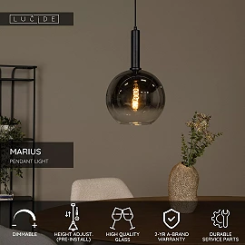 MARIUS pendant light Ø 30 cm 1xE27 black / smoke grey (Lucide)