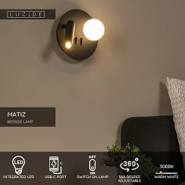 MATIZ LED bedside/wall light Ø16.5 cm 3000K USB black (Lucide)