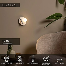 MATIZ LED bedside/wall light Ø16.5 cm 3000K USB white (Lucide)