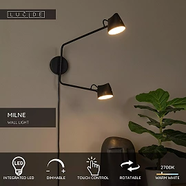 MILNE wall light LED 2x8 W 2700 K black (Lucide)