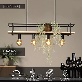 MILONGA piekaramā lampa 100 cm 4 x E27 melna/koka (Lucide)