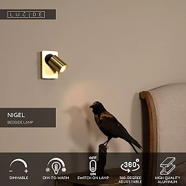 NIGEL bedside wall light with USB 1x5w Matt Gold / Brass (Lucide)