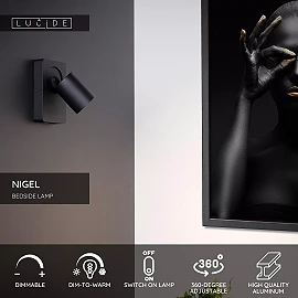 NIGEL bedside wall light with USB 1x5w Black (Lucide)