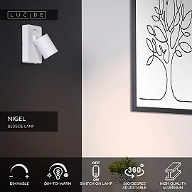 NIGEL bedside wall light with USB 1x5w White (Lucide)