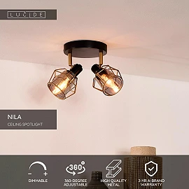 NILA griestu prožektors 2xE14 melna (Lucide)