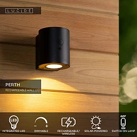 PERTH solar outdoor wall light with PIR motion and day/night sensors, solar LED, 1 W, 100 lm, 2700/3000 K, black (Lucide)