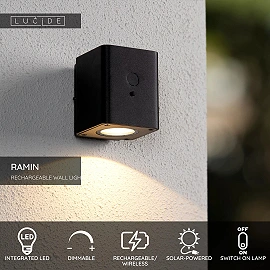 RAMIN solar outdoor wall light with PIR motion and day/night sensors, solar LED, 1 W, 100 lm, 2700/3000 K, black (Lucide)