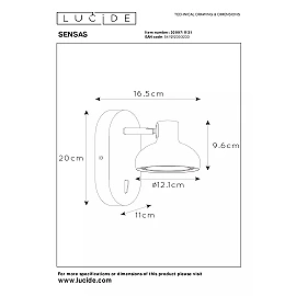SENSAS gaismeklis 21,5 cm × 13,7 cm × 17,8 cm 1x12W balta (Lucide)