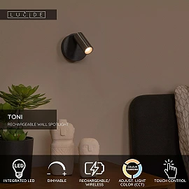 TONI rechargeable wall spotlight LED 2W CCT magnetic Grey iron (Lucide)
