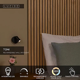 TONI rechargeable wall spotlight LED 2W CCT magnetic Black (Lucide)