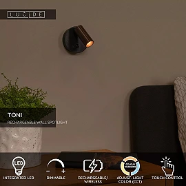 TONI rechargeable wall spotlight LED 2W CCT with sensor Grey iron (Lucide)