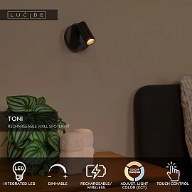 TONI rechargeable wall spotlight LED 2W CCT with sensor Black (Lucide)