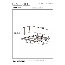 TRIMLESS iebūvējamais griestu prožektors 18,5 cm × 9,7 cm × 9 cm 2x50W balta (Lucide)