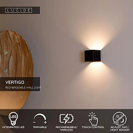 VERTIGO rechargeable indoor/outdoor wall light with PIR motion sensor, integrated dimmable LED, 6 W, 350 lm, 2700 K, black (Lucide)
