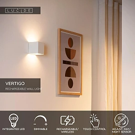 VERTIGO rechargeable indoor/outdoor wall light with PIR motion sensor, integrated dimmable LED, 6 W, 350 lm, 2700 K, white (Lucide)