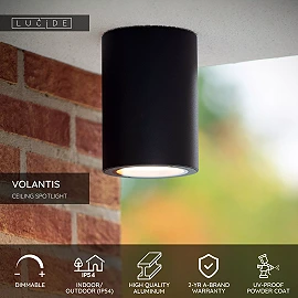 VOLANTIS outdoor ceiling spotlight 1xE27 black (Lucide)