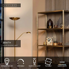 ZENITH floor reading lamp LED 20W + 4W brass (Lucide)