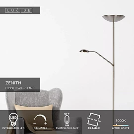 ZENITH floor reading lamp LED 20W + 4W satin chrome (Lucide)