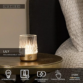 LILY rechargeable LED table lamp set of 3 matt gold / brass (Lucide)