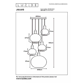 Pendant lamp "JULIUS", 5x E27, 40W, opal, glass (Lucide)