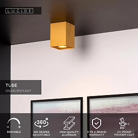 TUBE ceiling spotlight square 1xGU10 50W matt gold / brass (Lucide)